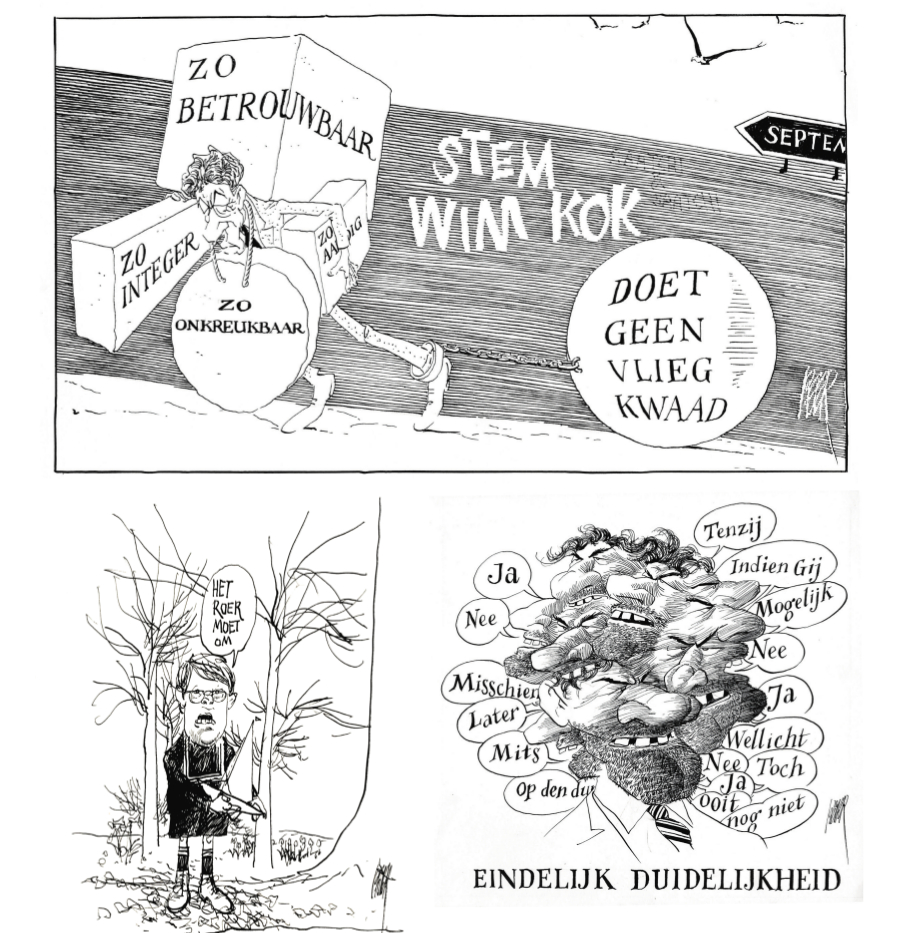 Boven: Wim Kok, 19 augustus 1989;  rechtsonder: Ruud Lubbers, 9 juni 1984.  Later kreeg je mensen als Balken ende (links en op p. 30), heel makkelijk, met dat ‘ronde kinderhoofdje’, maar daarom ook weinig eer aan te behalen.'
