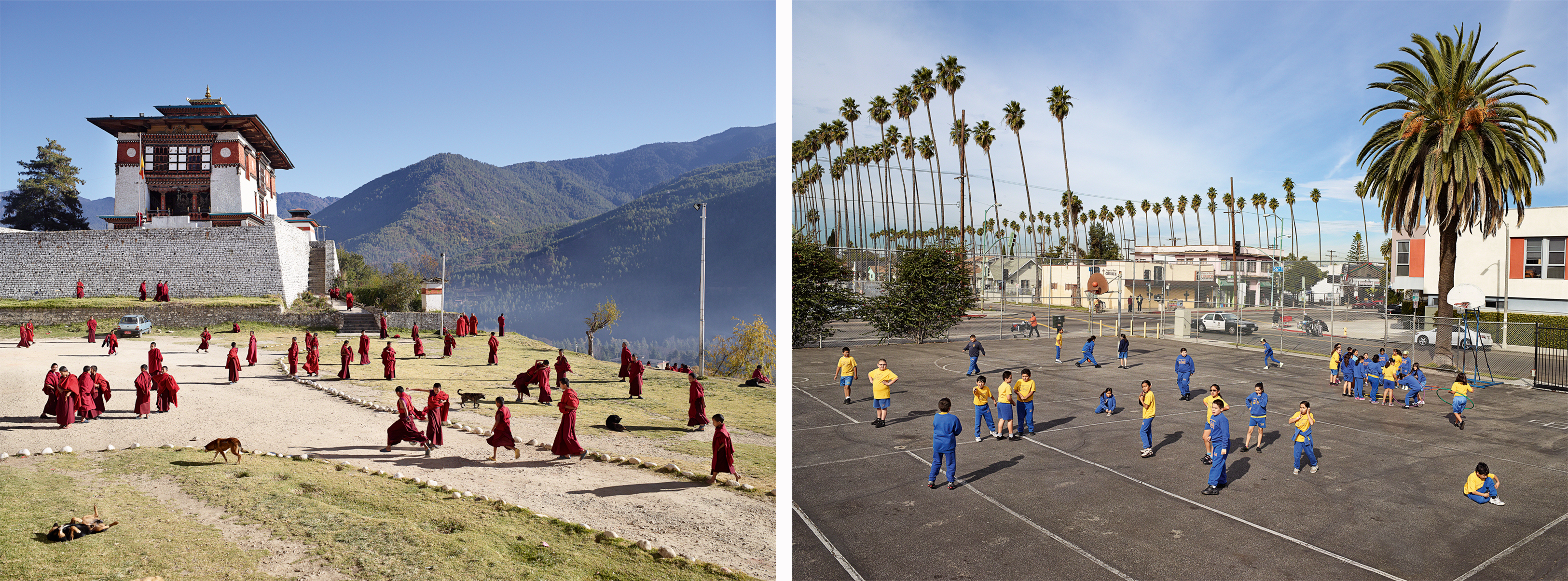 Links: Bhutan, Dechen Prodrang, Thimphu. Rechts: Verenigde Staten, Nativity School, Los Angeles. 
